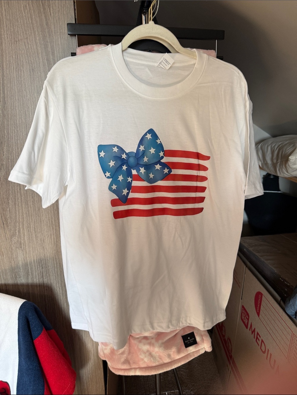 White Tee with American Flag Bow Graphic